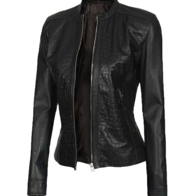 Women Black Leather Jacket | Crocodile Style Textured Jacket