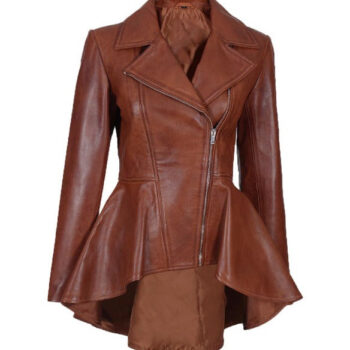 Clarissa Womens Cognac Peplum Leather Jacket