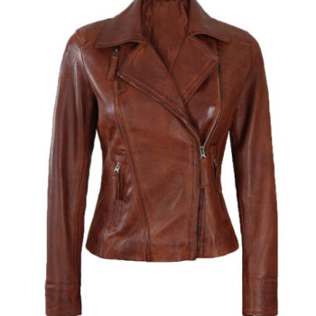 Cognac Asymmetrical Hand Waxed Leather Biker Jacket Women