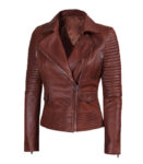 Cognac Brown Asymmetrical Leather Biker Jacket Women