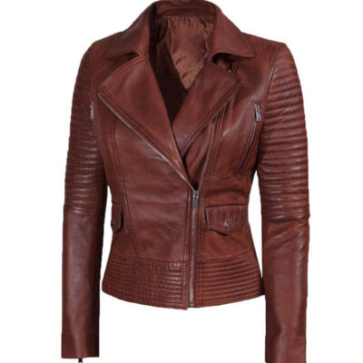 Cognac Brown Asymmetrical Leather Biker Jacket Women