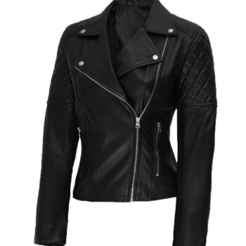 Crystal Womens Asymmetrical Leather Jacket Black