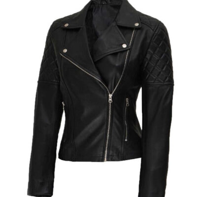 Crystal Womens Asymmetrical Leather Jacket Black