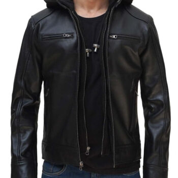 Dodge Mens Black Cafe Racer Leather Jacket with Removable Hood