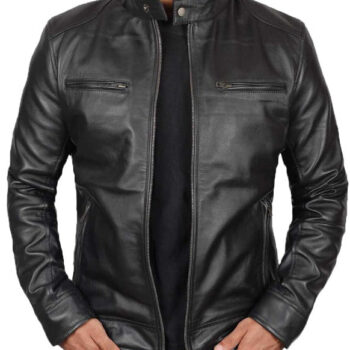 Dodge Mens Lambskin Black Cafe Racer Leather Jacket