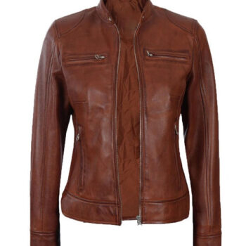 Dodge Womens Cognac Cafe Racer Leather Jacket