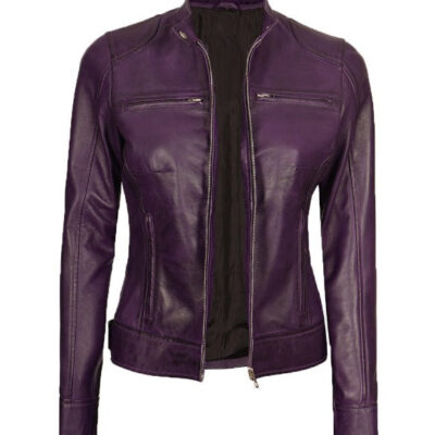 Dodge Womens Purple Cafe Racer Leather Jacket