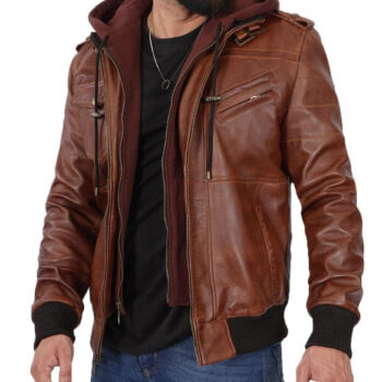 Edinburgh Mens Brown Leather Bomber Jacket With Removable Hood