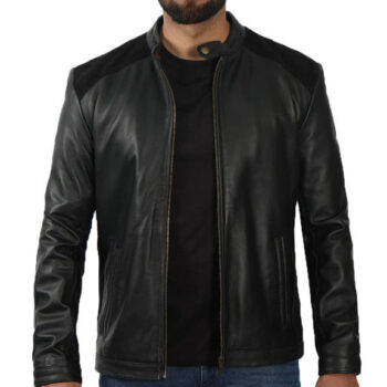 Edmund Black Leather Jacket With Suede Detailing