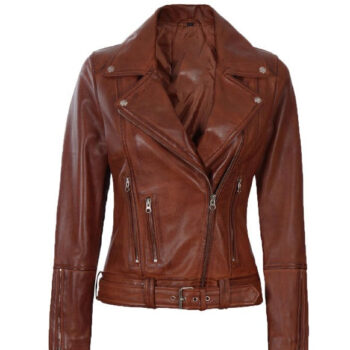 Elisa Cognac Asymmetrical Leather Motorcycle Jacket with Belted Waist