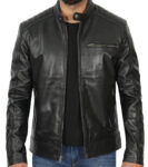 Black Cafe Racer Leather Jacket for Men with Padded Shoulder