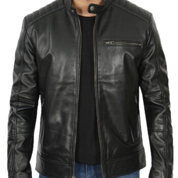 Black Cafe Racer Leather Jacket for Men with Padded Shoulder