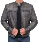 Garcia Grey Distressed Moto Leather Jacket for Men