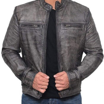 Garcia Grey Distressed Moto Leather Jacket for Men