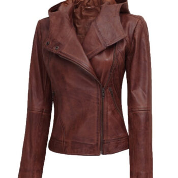 Georgetta Brown Asymmetrical Leather Jacket with Hood for Women
