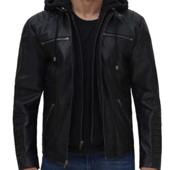 Helen Black Leather Jacket with Removable Hood for Men