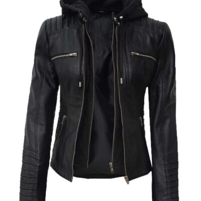 Helen Black Leather Jacket with Removable Hood for Women