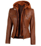 Helen tan Leather Jacket with Removable Hood for Women