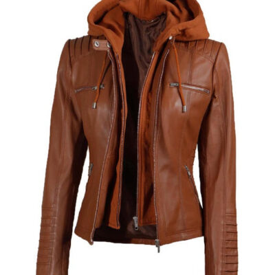 Helen tan Leather Jacket with Removable Hood for Women