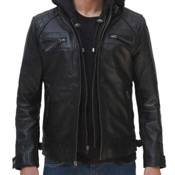 Johnson Black Leather Jacket With Removable Hood for Men