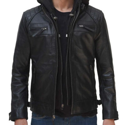 Johnson Black Leather Jacket With Removable Hood for Men