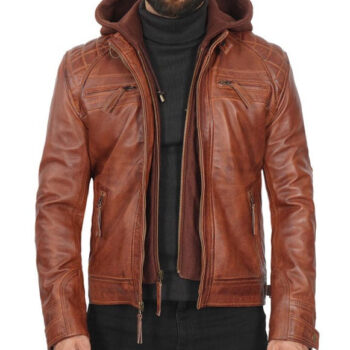 Johnson Brown Leather Jacket With Removable Hood for Men