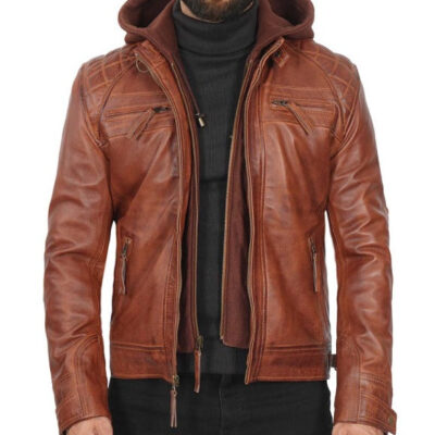 Johnson Brown Leather Jacket With Removable Hood for Men