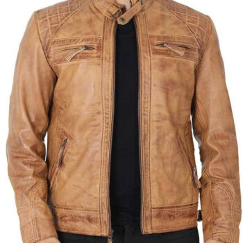 Johnson Camel Quilted Distressed Leather Jacket for Men