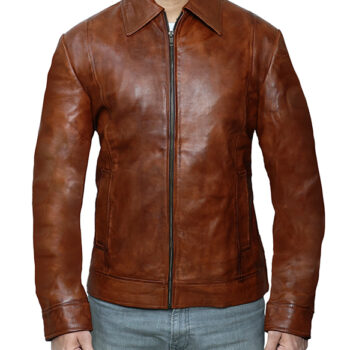 Reeves Black Shirt Collar Vintage Brown Leather Jacket