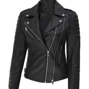 Lucille Black Quilted Asymmetrical Leather Biker Jacket for Women