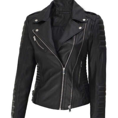 Lucille Black Quilted Asymmetrical Leather Biker Jacket for Women