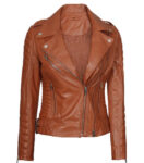 Lucille Tan Quilted Asymmetrical Leather Biker Jacket for Women