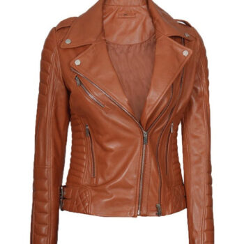 Lucille Tan Quilted Asymmetrical Leather Biker Jacket for Women