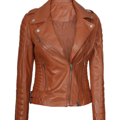 Lucille Tan Quilted Asymmetrical Leather Biker Jacket for Women