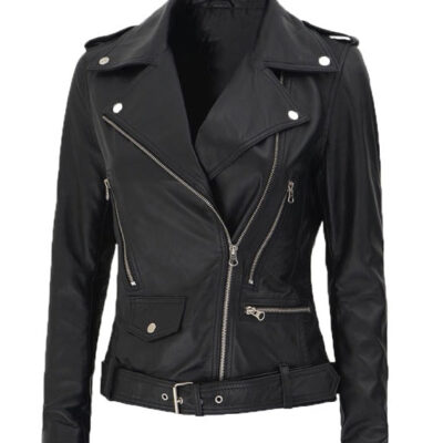 Women Asymmetrical Black Leather Moto Jacket