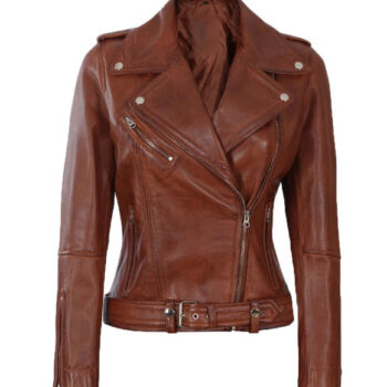 Margaret Womens Cognac Asymmetrical Leather Biker Jacket