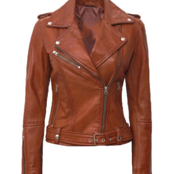 Margaret Womens Tan Asymmetrical Leather Biker Jacket