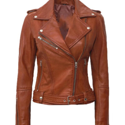 Margaret Womens Tan Asymmetrical Leather Biker Jacket