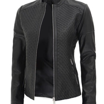 Maude Black Textured Leather Jacket for Women