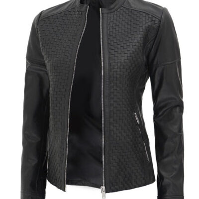 Maude Black Textured Leather Jacket for Women