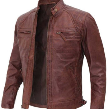 Men's Leather Motorcycle Jacket Brown Quilted Style