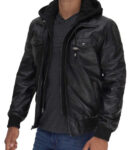 Men's Black Leather Bomber Jacket With Removable Hood