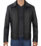 Mens Black Shirt Collar Leather Cowhide Jacket