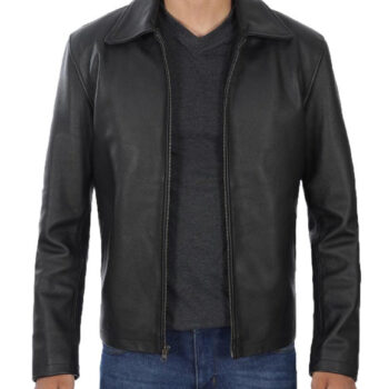 Mens Black Shirt Collar Leather Cowhide Jacket