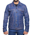 Men's Blue Distressed Trucker Leather Jacket