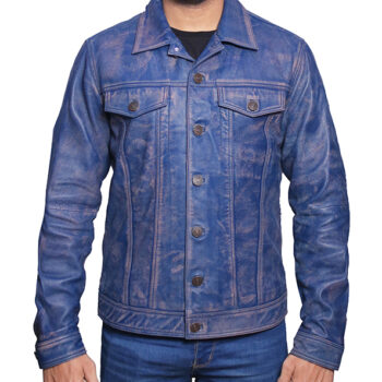 Men's Blue Distressed Trucker Leather Jacket