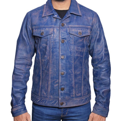 Men's Blue Distressed Trucker Leather Jacket