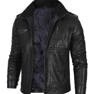 Mens Cafe Racer Washed Leather Jacket With Black Waxed