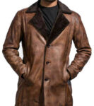 Men's Distressed Leather Coat Cinnamon Brown Fur Collar