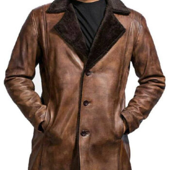 Men's Distressed Leather Coat Cinnamon Brown Fur Collar